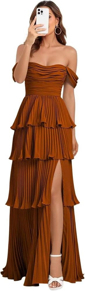 Tiered Bridesmaid Dresses for Women 2026 Off Shoulder Ruffle Chiffon Formal Wedding Guest Dress w... | Amazon (US)