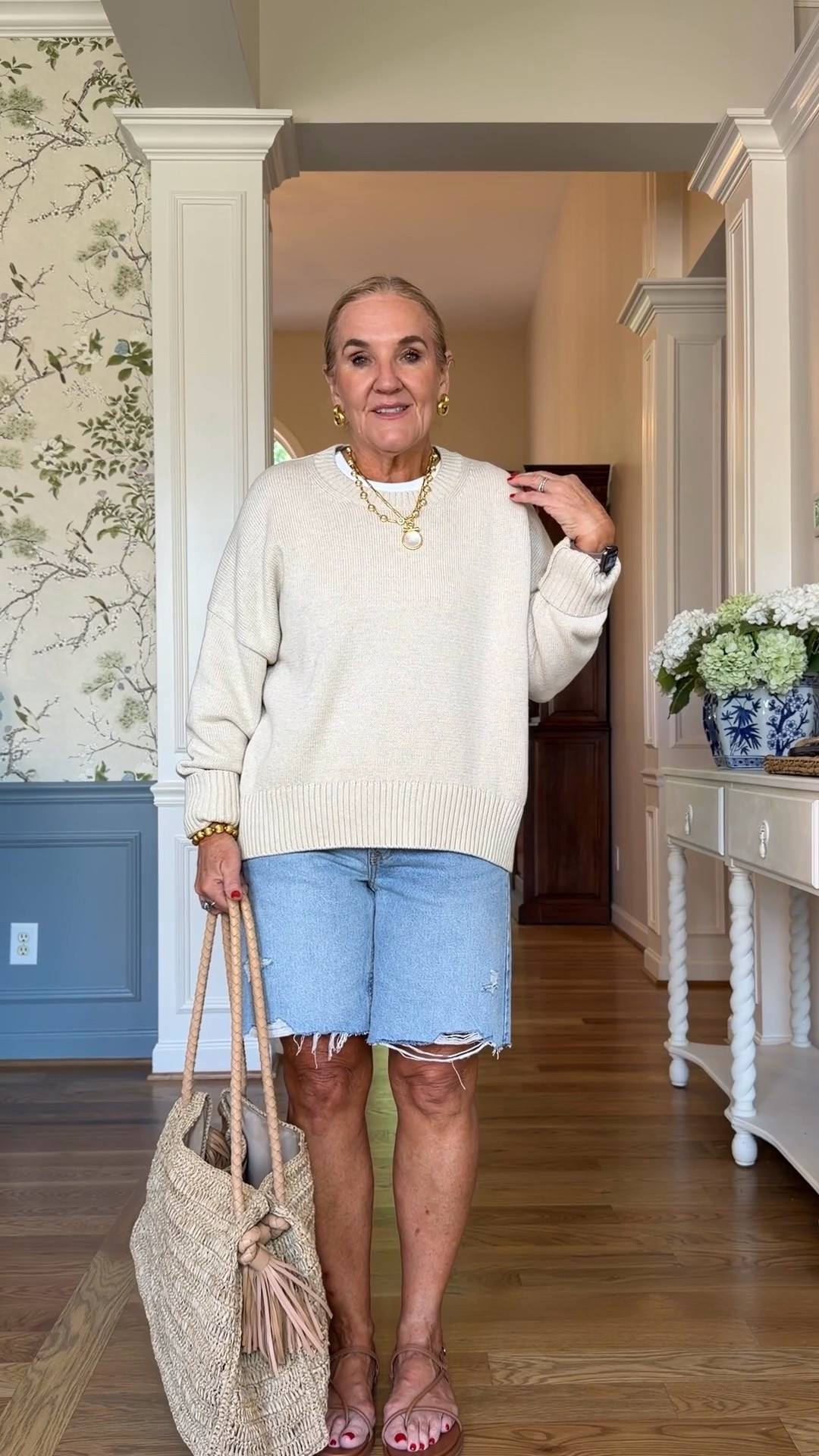 This lightweight neutral sweater is the perfect layering piece for cool mornings and breezy evenings. Styled with distressed Bermuda shorts and a woven tote, it’s an easy, elevated look you’ll wear all season long.

💡 LTK MADE EASY

❤️ Heart = Support my posts
🔖 Save = Get sale & restock alerts
📋 Lists = Keep favorites organized
📲 Share = Send to yourself for later
💬 Comment = Ask me anything

#LTKootd #LTKSeasonal #LTKOver40