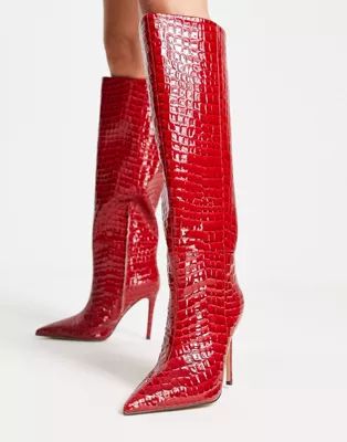 NA-KD croc print stiletto knee high boots in red | ASOS (Global)