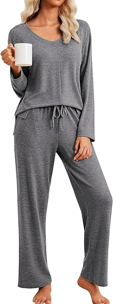Ekouaer Pajamas for Women Set Long Sleeve 2 Piece Lounge Sets V Neck Matching Pjs Soft Sleepwear ... | Amazon (US)