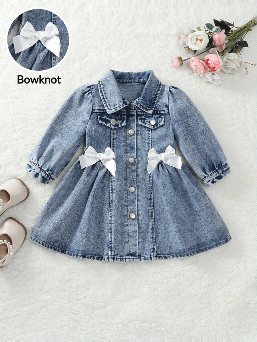 SHEIN Playful Pals Baby Girl Denim Mini Dress, Vintage Sweet & Cute Vacation Style Casual College... | SHEIN