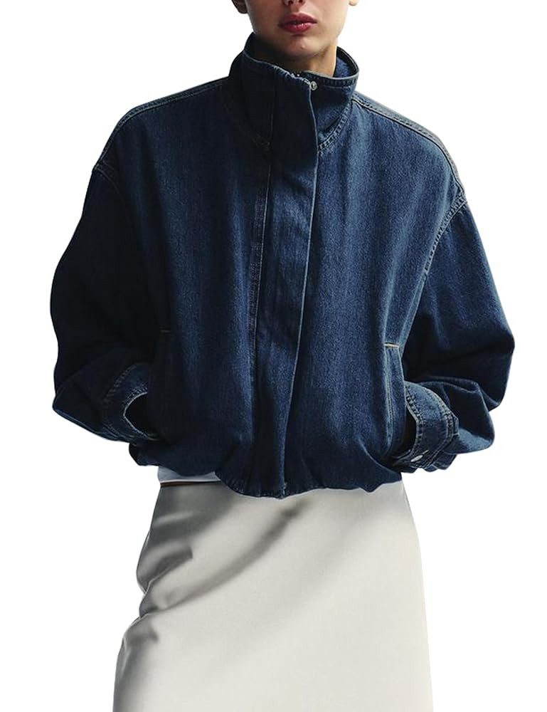 Womens Oversized Denim Bomber Jackets Long Sleeve Zip Up Elastic Hem Jean Jacket with Pockets | Amazon (US)