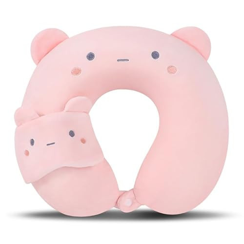 Kids Neck Pillow for Travel with Sleep Eye Mask, Cute Travel Neck Pillow, Memory Foam Flight Sleeping Headrest Pillow for Boys & Girls, Airplane, Train, Car, Home Use - Peach Bear | Amazon (US)