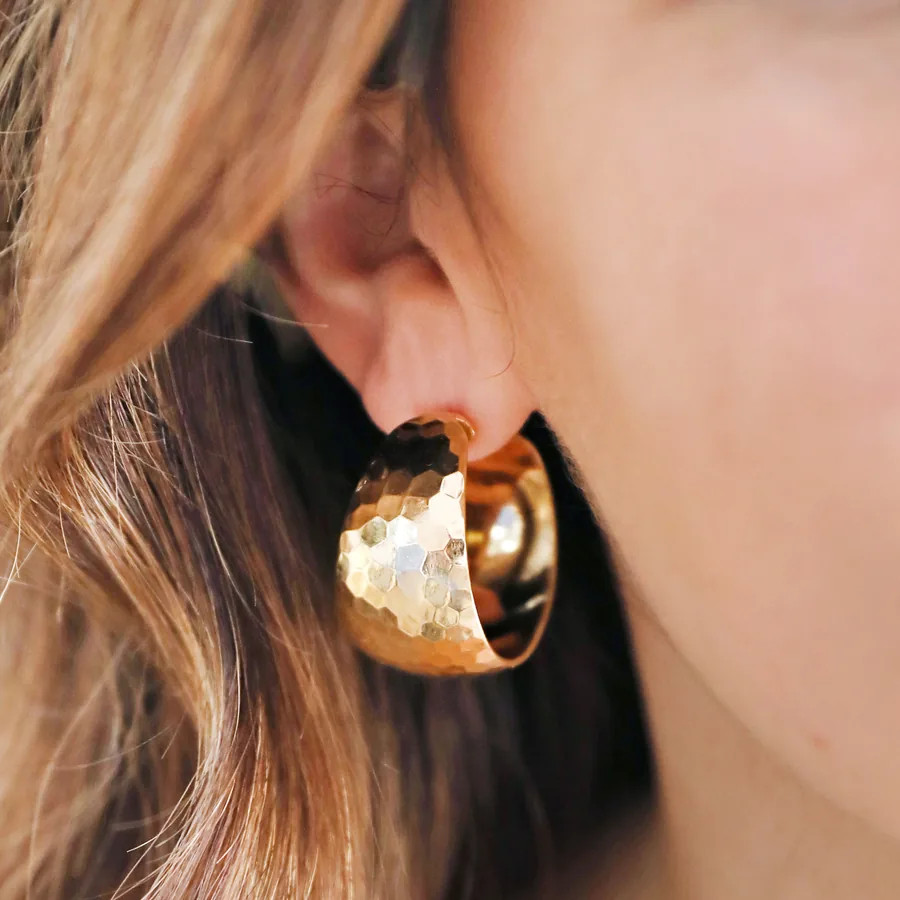 Wide Hammered Hoop Earrings in Gold | Lisa Angel