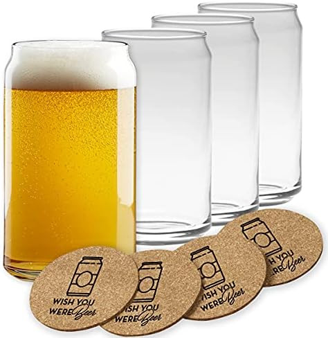 Beer Can Glasses Set of 4- Can Shaped Beer Glass Cups - Holds 16 Oz- Cork Coasters Included in Se... | Amazon (US)