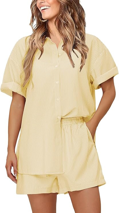 EXLURA Womens Summer 2 Piece Outfits Oversized Short Sleeve Button Down Shirts and Shorts Lounge ... | Amazon (US)