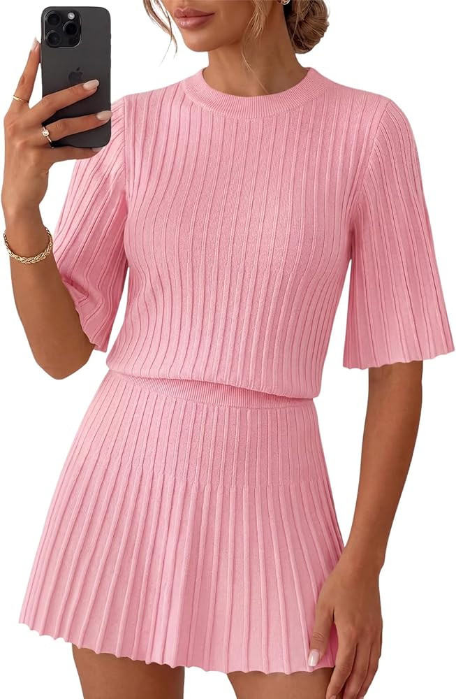 Saodimallsu Womens Sweater Sets 2 Piece Outfits Summer Half Sleeve Ribbed Knit Top and Pleated Sk... | Amazon (US)