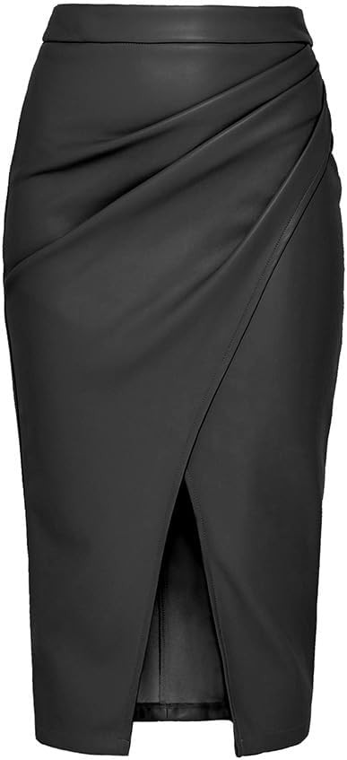Women's Faux Leather Midi Skirt Fall Winter High Waisted Wrap Ruched Bodycon Slit Sexy Skirt | Amazon (US)