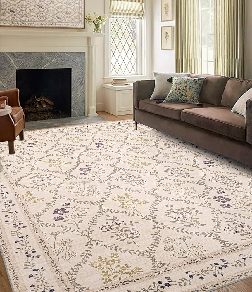 YIHOUSE 6x9 Washable Rug for Bedroom, Beige Floral Rugs for Living Room Non Slip Ultra-Thin Large... | Amazon (US)