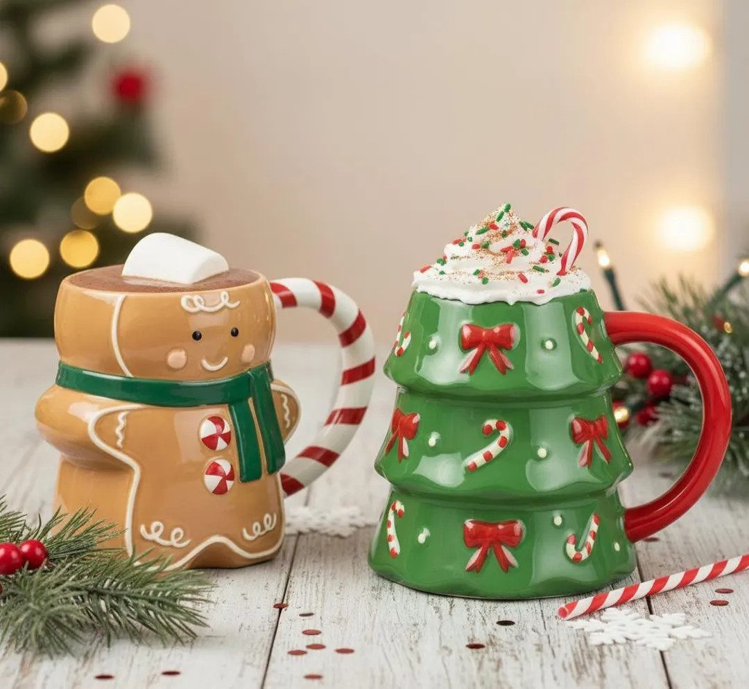 Ceramic Christmas Mugs – Gingerbread Man and Christmas Tree Design Festive Hot Chocolate or Cof... | Etsy (US)