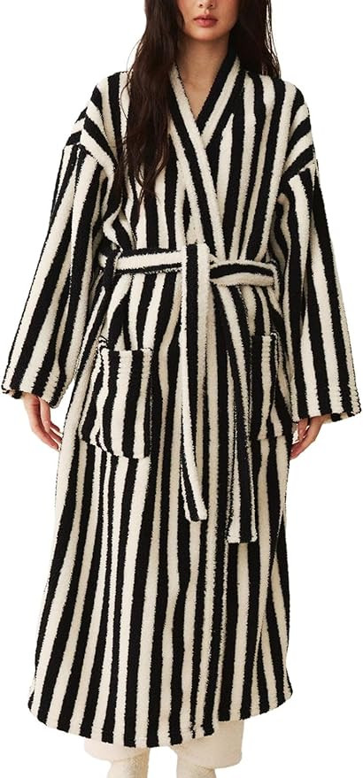 Arssm Womens Striped Fluffy Robe Long Plush Bathrobes Fuzzy Warm Cozy Thick Oversized Loungewear ... | Amazon (US)