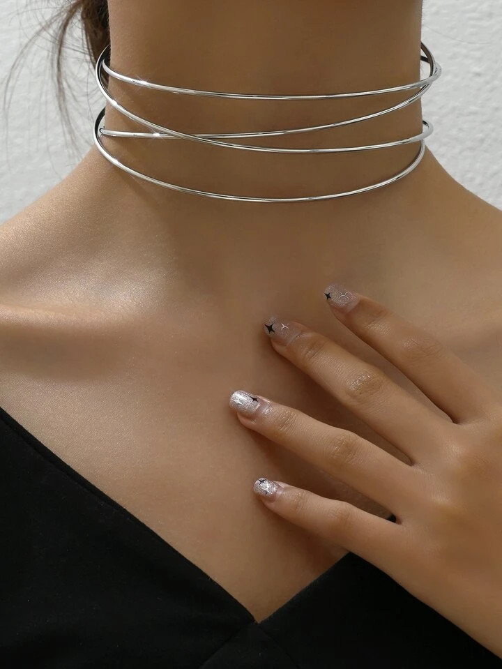 1pc Euramerican Exaggerated Asymmetrical Geometric Necklace Punk Metal Choker For Women Shiny Per... | SHEIN