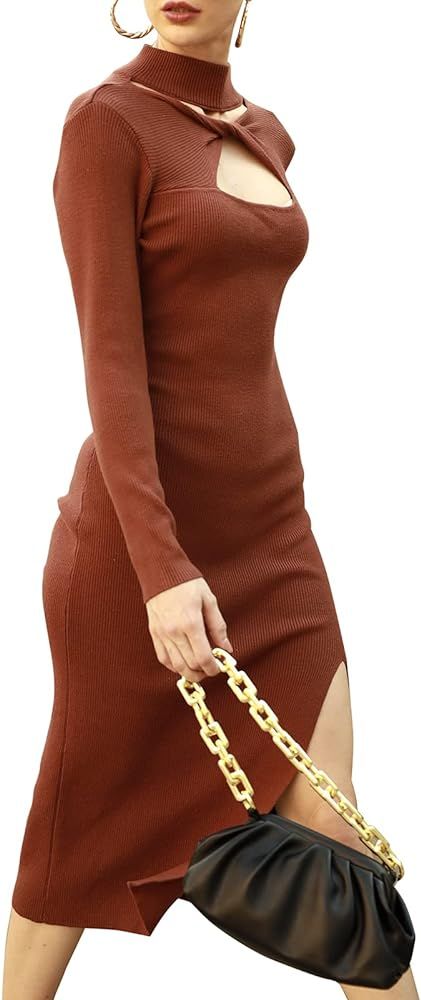 Zexxxy Womens Long Sleeve Ribbed Sweater Dress Hollow Knit Cocktail Dress Mid-high Neck Bodycon Form | Amazon (US)
