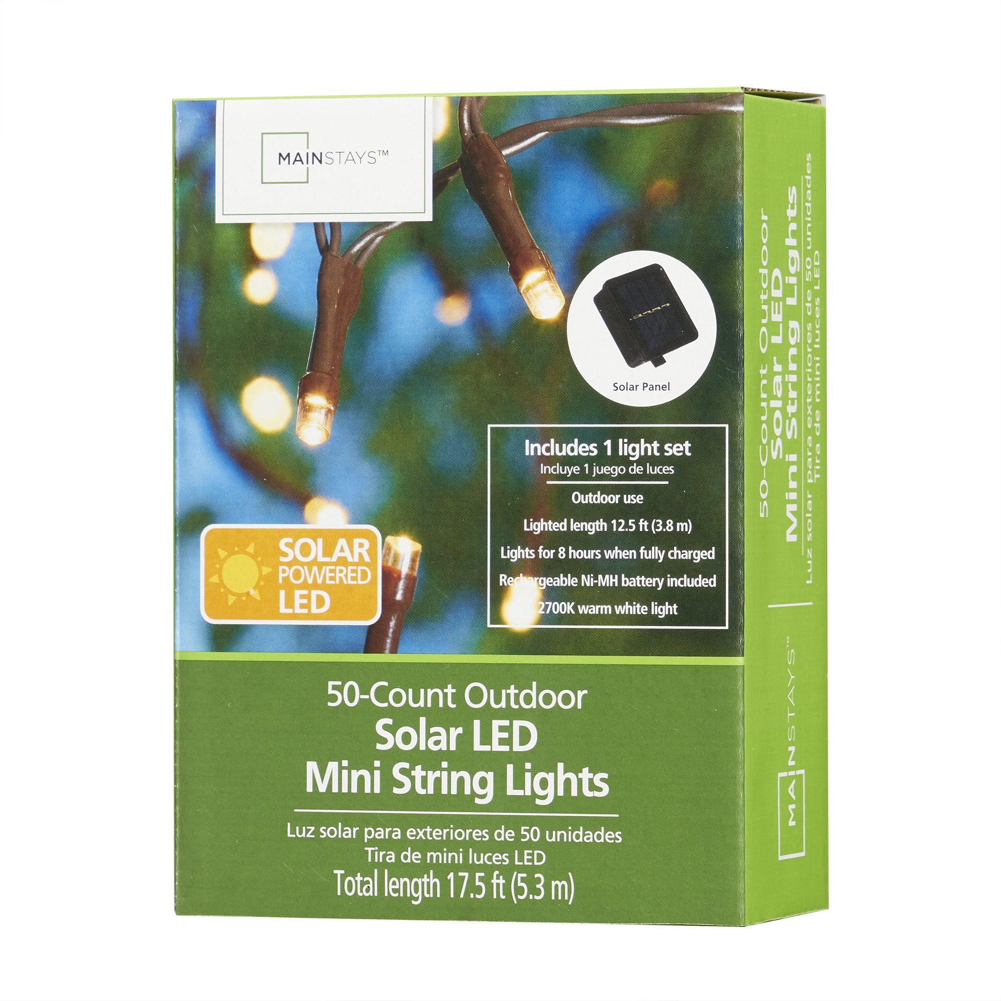 Mainstays 50-Count Solar LED Outdoor Mini String Warm White Lights, with Brown Wire, 3 Volts | Walmart (US)