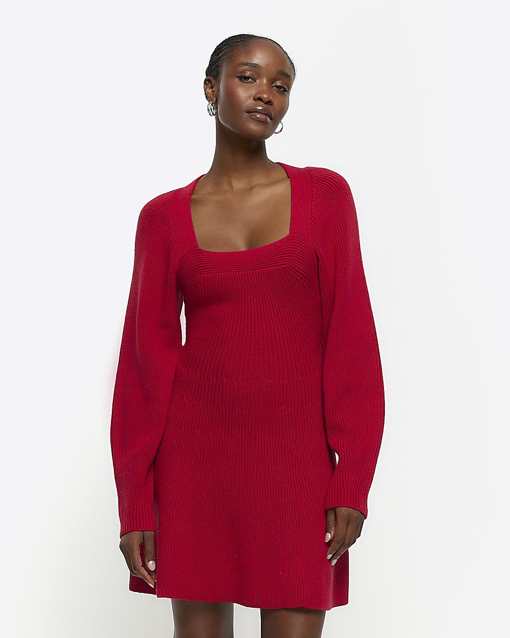 Red square neck jumper mini dress | River Island (UK & IE)