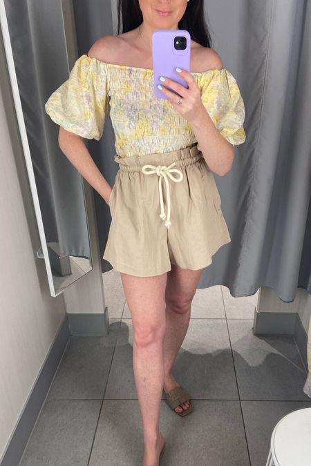 H&M linen shorts, linen shorts, paper bag shorts, smocked top, floral top, summer outfit, printed smocked top, off the shoulder top 

#LTKunder50 #LTKtravel #LTKeurope