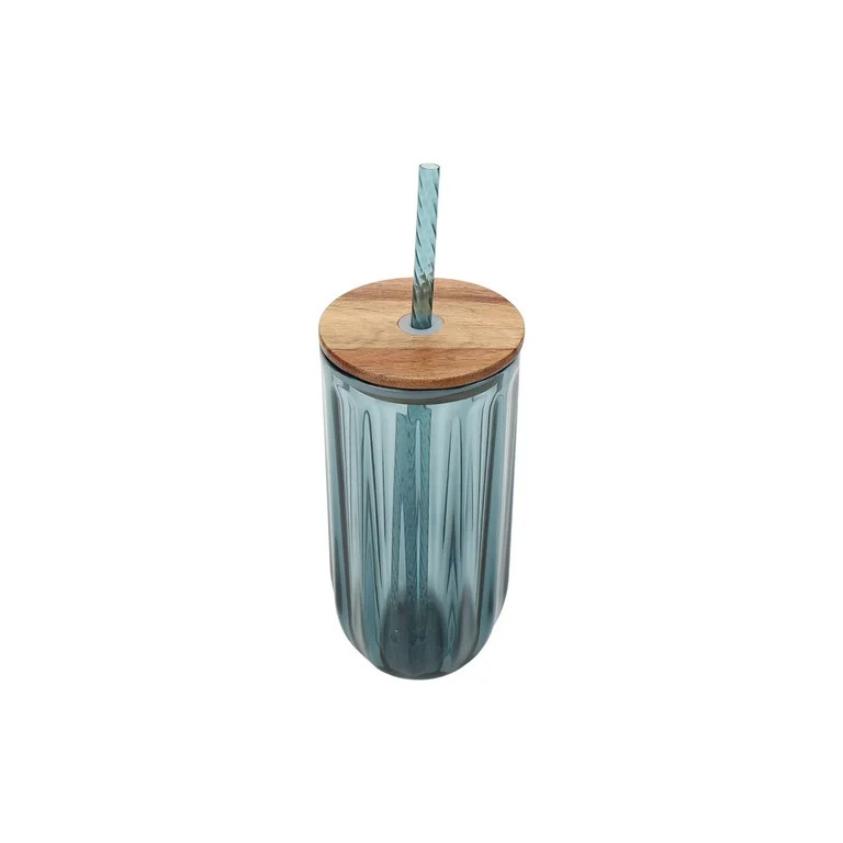 Better Homes & Gardens Fluted 21-Ounce Tritan Plastic Sipper and Straw with Acacia Wood Lid, Blue | Walmart (US)