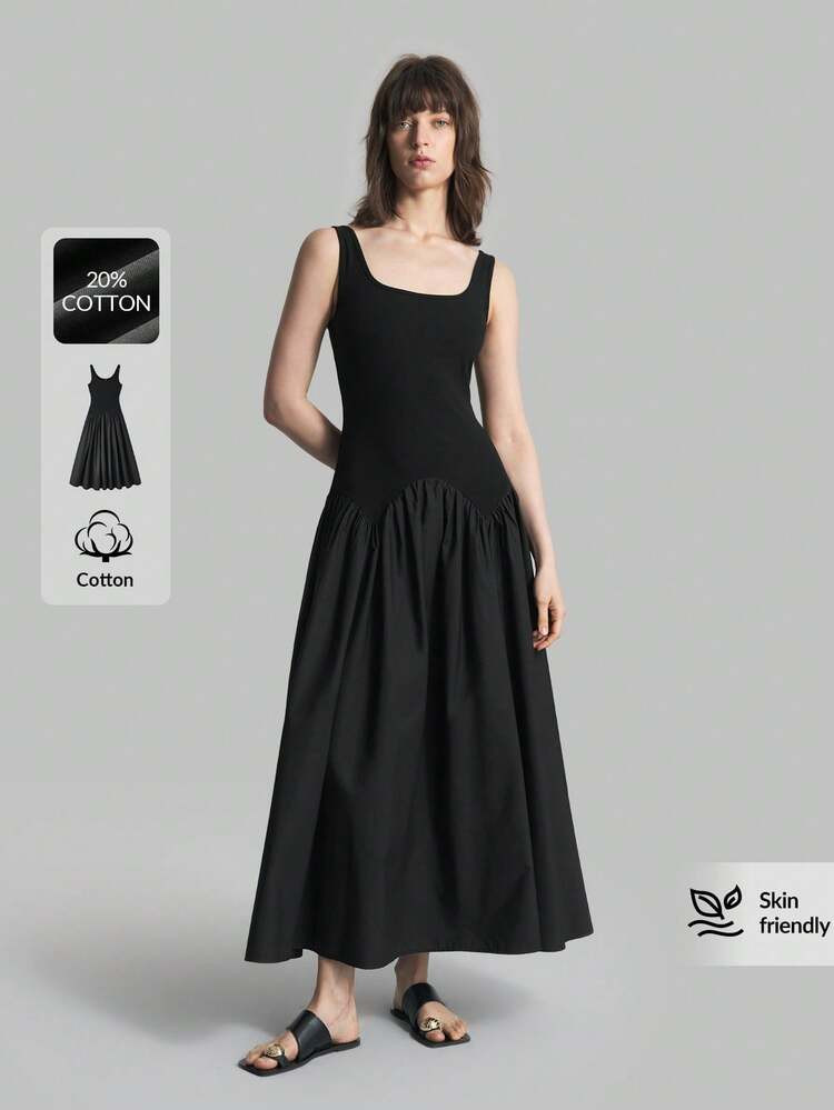 Ontre Women's Black Summer Effortless Chic Everyday Maxi Dress,Sleeveless A-Line Knit & Woven Pat... | SHEIN