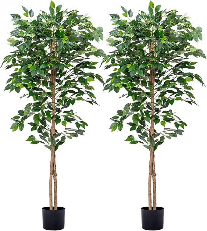 2Packs 5FT Ficus Trees Artificial with Realistic Leaves and Natural Trunk, Faux Ficus Tree with P... | Amazon (US)