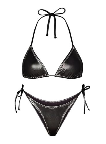 Ella Lust Metallic Bikini for Women - Silver Bathing Suit High Waisted Tie Side Thong Bottom Triangle Top Shiny Swimsuit(Black,M,1026a) | Amazon (US)
