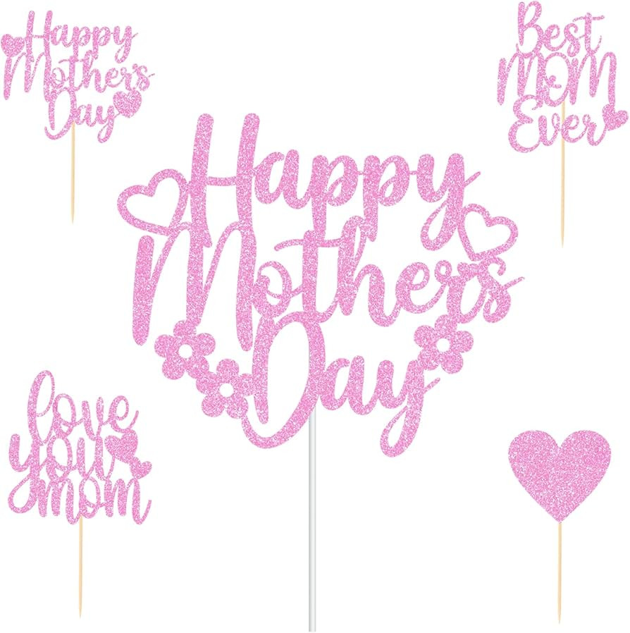JOZON 25 PCS Glittery Pink Happy Mother's Day Cake Topper and Best Mom Ever Love You Mom Cupcake ... | Amazon (US)