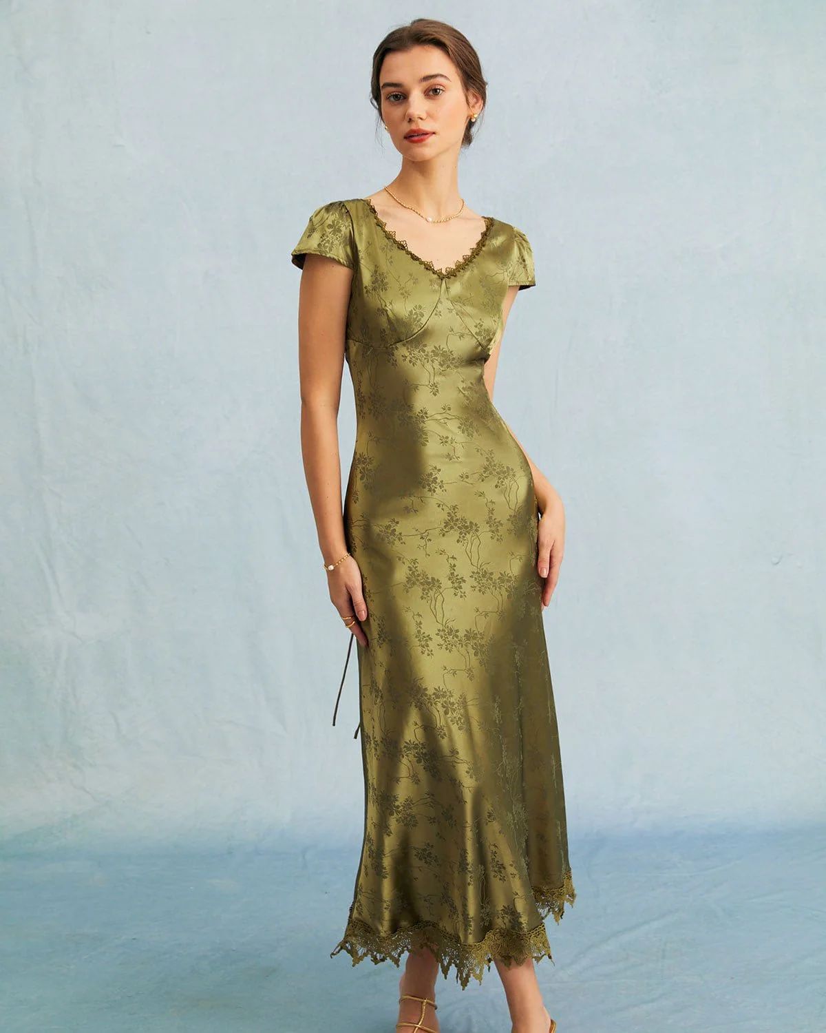 The Green Jacquard Cap Sleeve Satin Midi Dress - Satin Floral Green Midi Dress With Sleeves - Gre... | rihoas.com