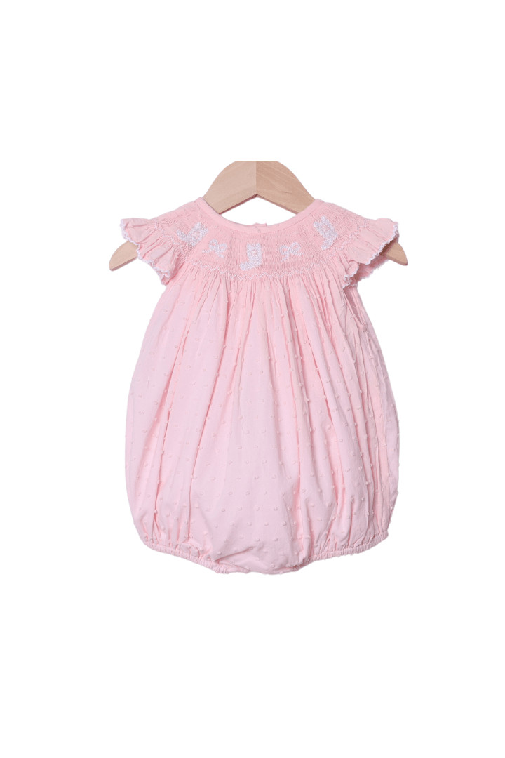 Smocked Bows and Boots Pink Swiss Dot Bubble | The Smocked Flamingo
