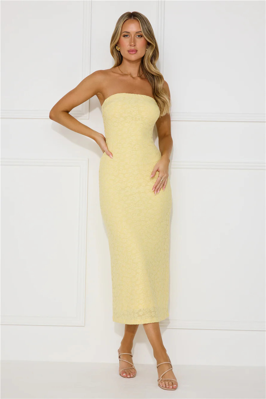 Tropical Tango Strapless Midi Dress Yellow | Hello Molly (AU)