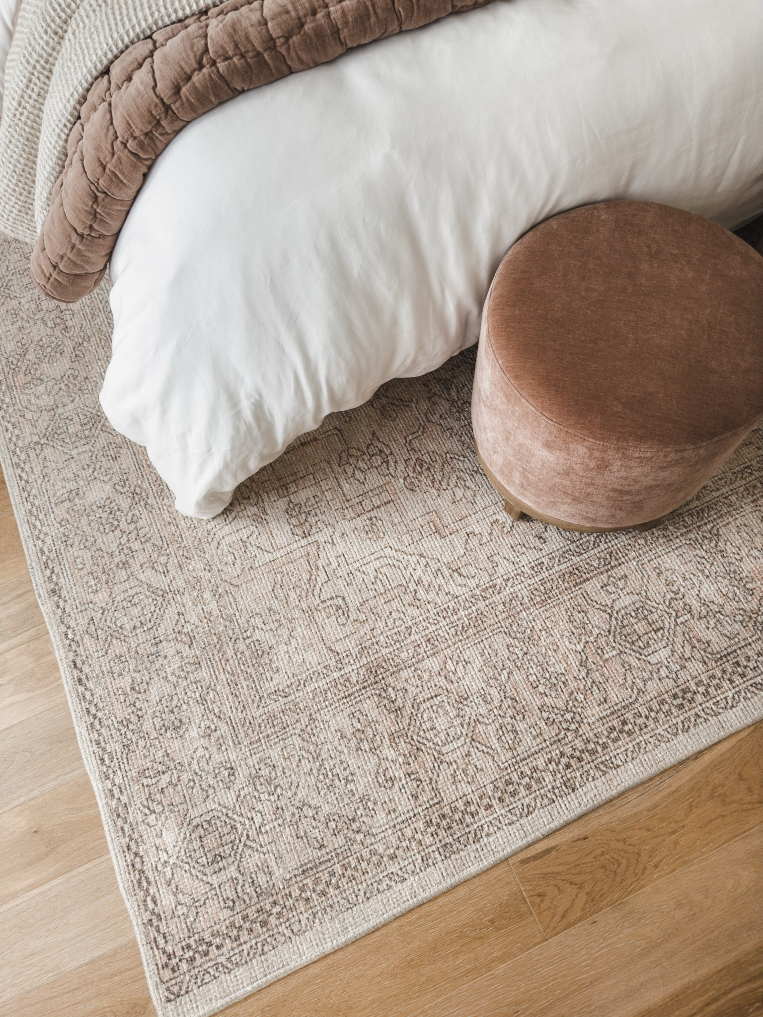 Primary bedroom rug details! I get asked so often about my rug - this Becki Owens rug has lasted for a few years with zero issues and the subtle pops of pink really tie into my Pottery Barn ottomans and bedding 

Bedroom refresh, primary bedroom details, vintage style area rug, ottoman faves, Pottery Barn style, cozy bedding, pops of pink, neutral wood tones, creamy whites, neutral aesthetic, home details, style inspo, spring refresh, light and bright, Becki Owens, shop the look!

#LTKhome #LTKstyletip #LTKSeasonal