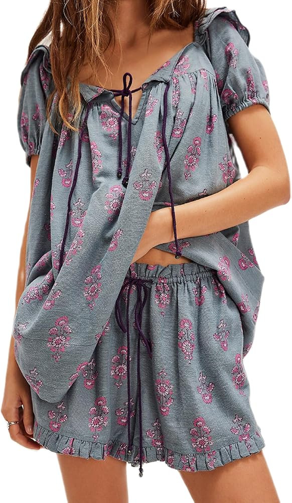 NUFIWI Women Floral Babydoll Tops 2 Piece Lounge Sets Square Neck Puffy Short Sleeves Peplum Shir... | Amazon (US)