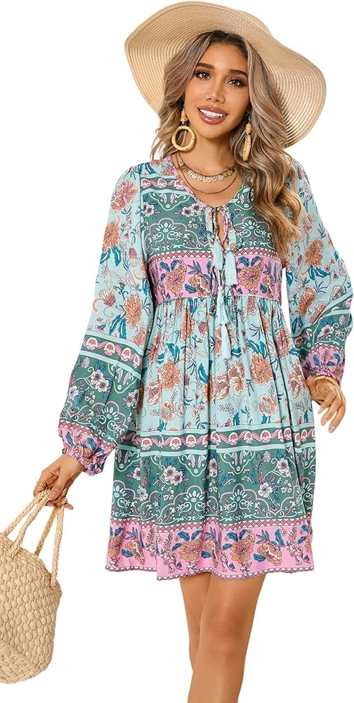R.Vivimos Womens Long Sleeve Floral Casual Print Cotton Mini Tunic Dress | Amazon (US)