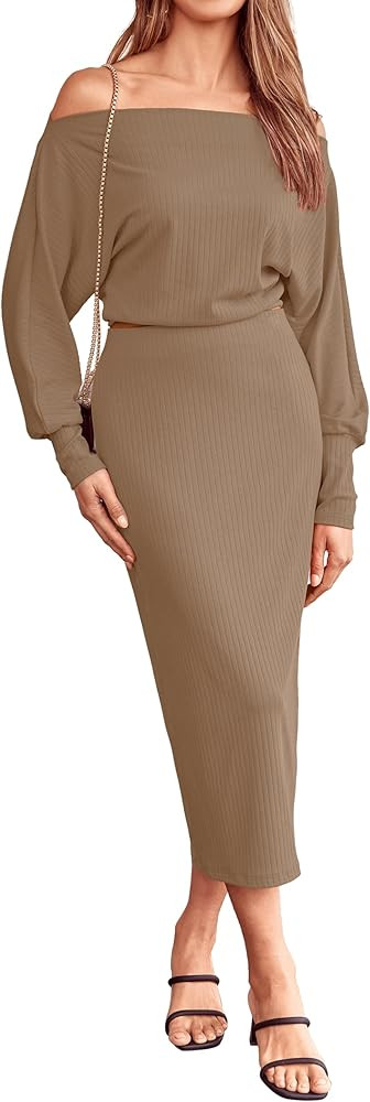 MASCOMODA 2024 Long Sleeve Midi Skirt Sets Women 2 Piece Outfits Off Shoulder Top Bodycon Ribbed ... | Amazon (US)