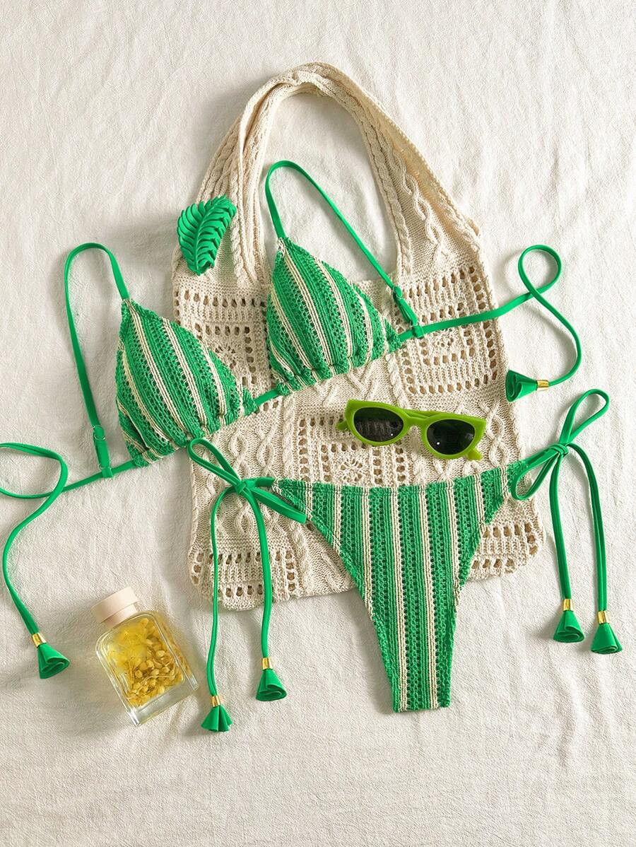 Swim Mod 2pcs/Set Women Summer Holiday Beach Wear Hollow Texture Stripe Bikini Set | SHEIN