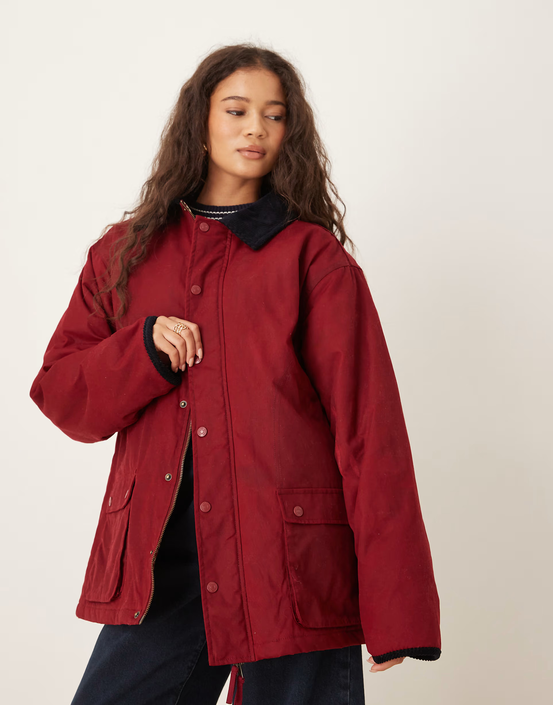 House of Sunny waxed rain jacket with contrast collar in wine | ASOS | ASOS (Global)