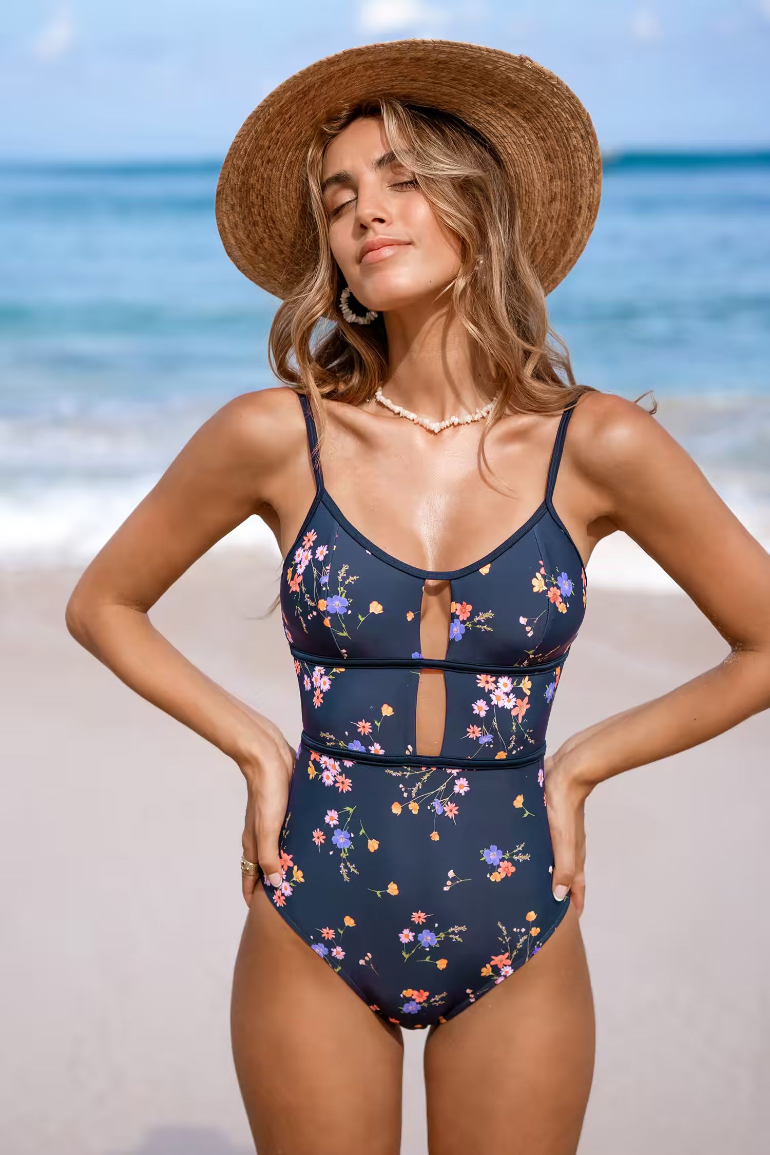 NewCheerful Navy Floral Scoop Cutout One-Piece | Cupshe US