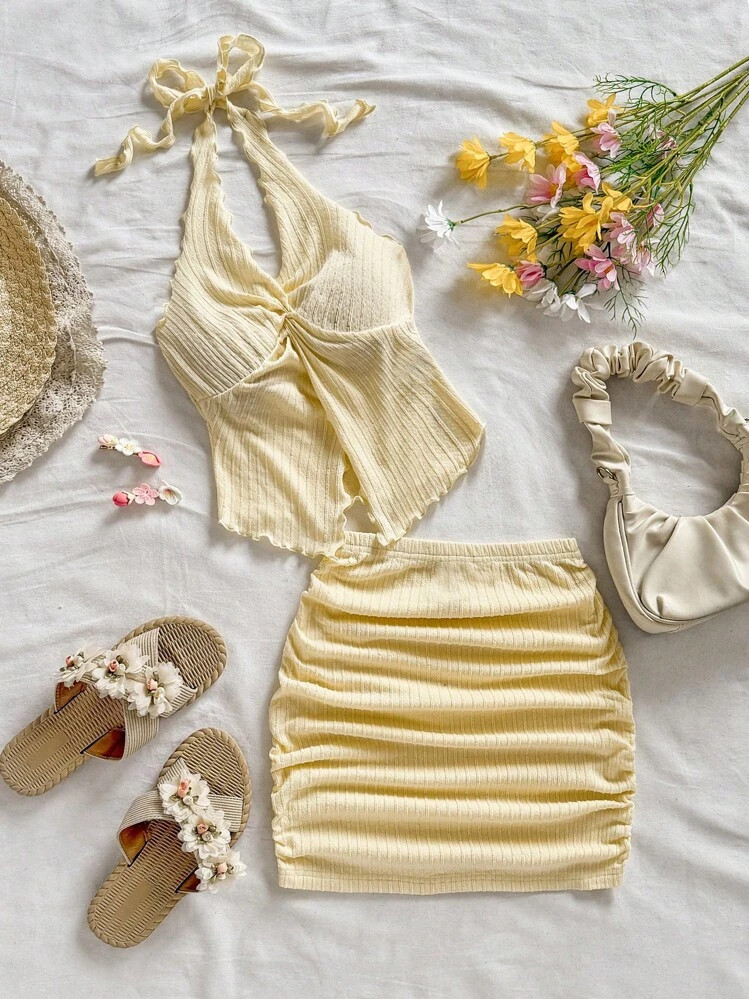 Soleia 2pcs Set: Knitted Textured Halter Top & Low-Waisted Mini Skirt, Vacation Beach Outfit, For Spring,Summer Sets | SHEIN