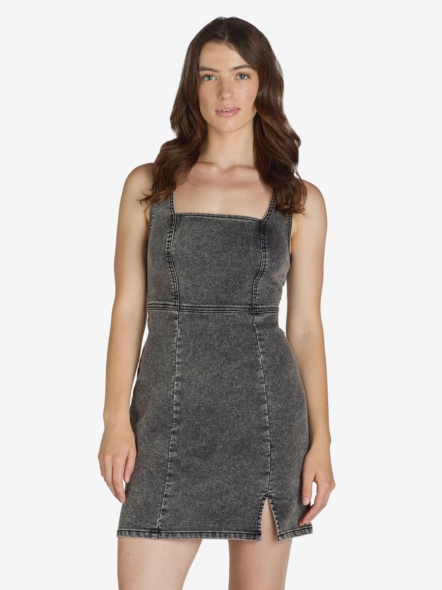 No Boundaries Denim Square Neck Pinafore Dress, Women’s | Walmart (US)