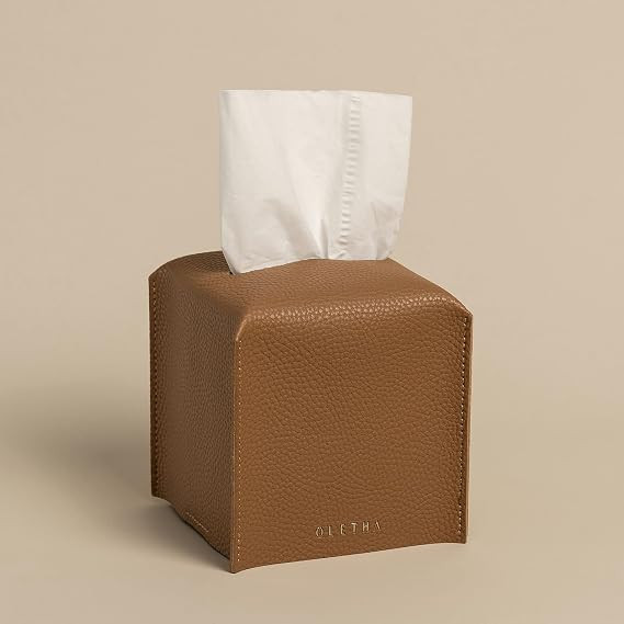OLETHA Square Tissue Box Cover, Aesthetic Desk Decor, Pale Brown | Faux leather tissue box holder... | Amazon (US)