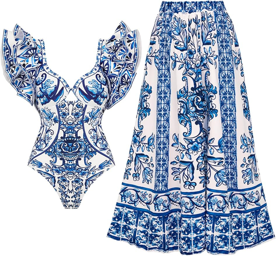 FLAXMAKER Ruffle Blue and White Porcelain Pattern Majolica Print One Piece Swimsuit and Skirt/Sar... | Amazon (US)