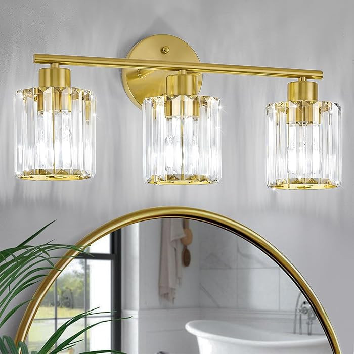 Crystal Bathroom Light Fixtures, Bathroom Lighting Fixtures Over Mirror, Modern 3-Light Gold Vani... | Amazon (US)