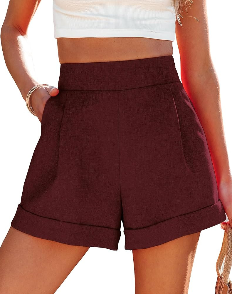 Uincloset Casual Elastic High Waist Denim Shorts Summer Rolled Hem Pocketed Shorts Comfy Wide Leg... | Amazon (US)