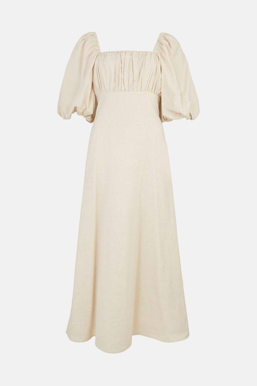 Cotton Puff Sleeve Ruched Bodice Midi Dress | Warehouse UK & IE