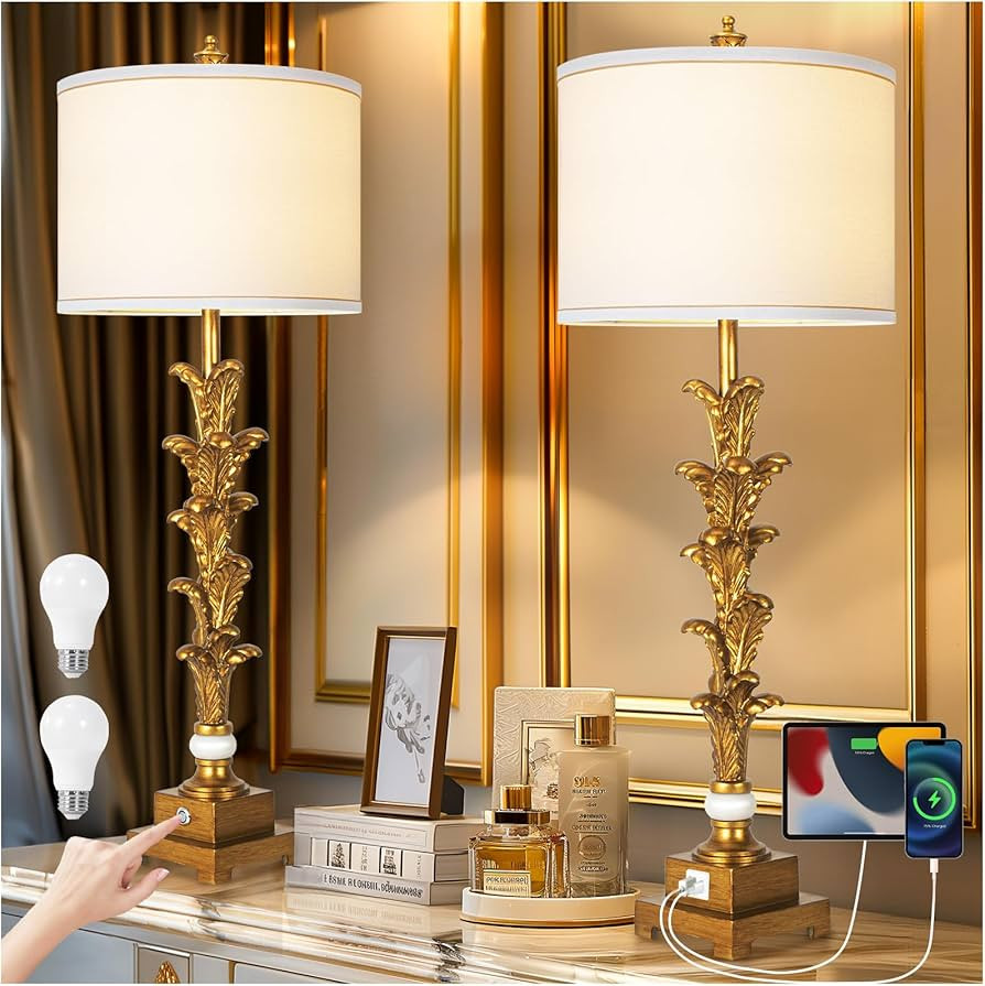 33'' Tall Vintage Buffet Lamps Set of 2 - 3 Way Dimmable Touch Lamp, Gold Leaf finish Lamp with U... | Amazon (US)