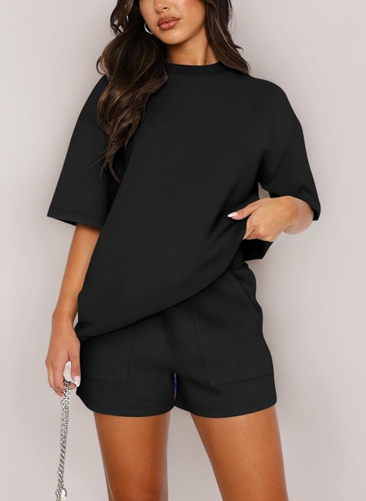 REORIA Women's Tracksuit Short Sleeve Crew Neck Plain Two Piece Leisure Suit Loungewear Outfit Jo... | Amazon (UK)