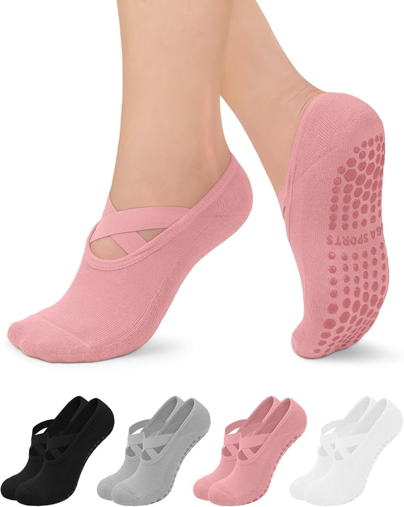 YeuG 4/6 Pairs Pilates Socks for Women - Non Slip Grip Socks for Yoga, Barre, Hospital, Barefoot | Amazon (US)