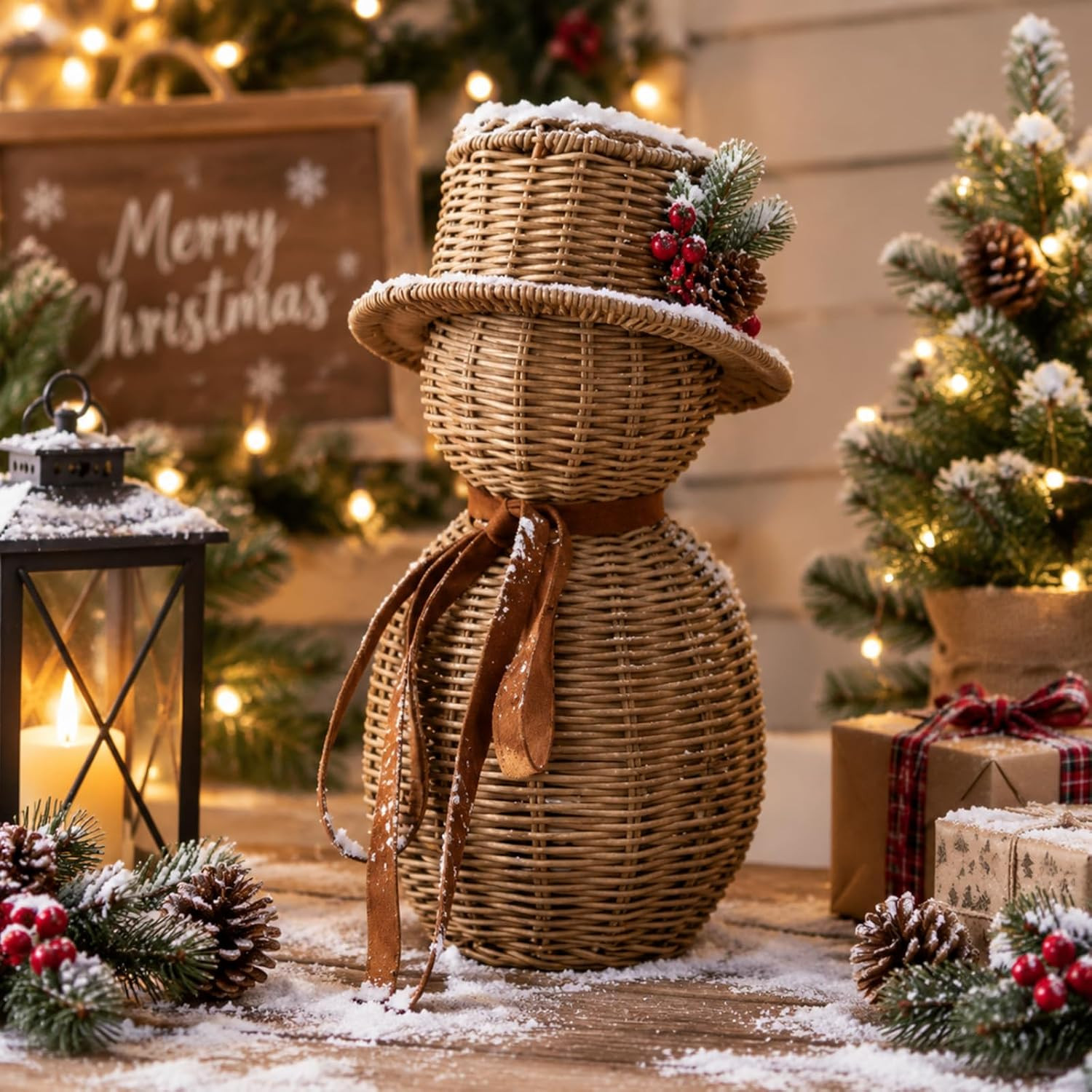 12" Rattan Snowman with Bow, Christmas Table Decorations | Amazon (US)