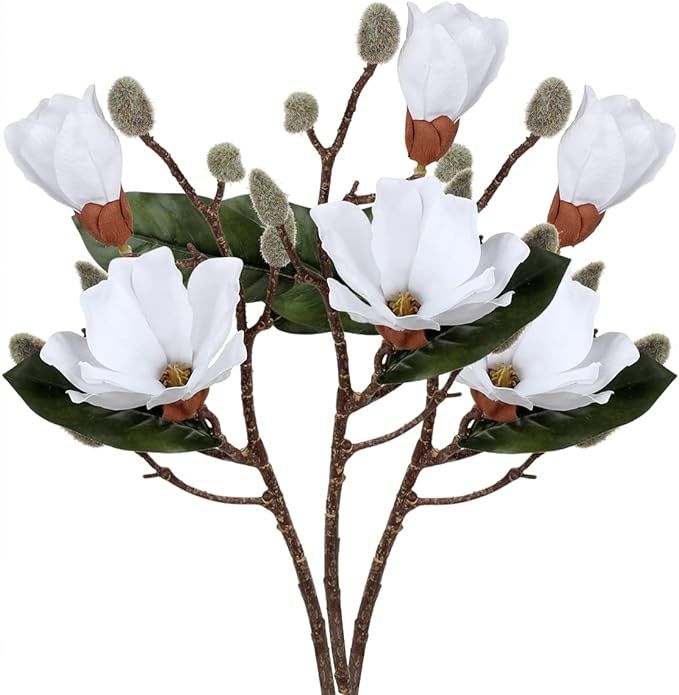 3pcs Artificial Magnolia Flowers 45cm Silk Fake Flower Stems Faux Flowers Real Touch Beige White ... | Amazon (UK)