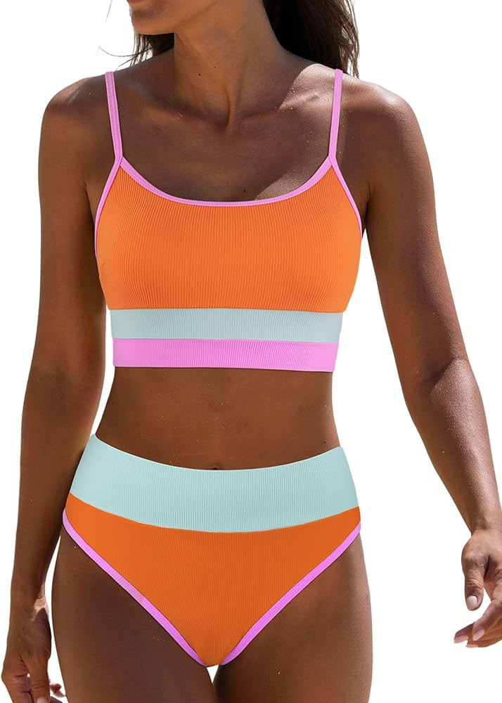 Amazon.com: popvil Women Bikini Sets Two Piece Bathing Suit - Sporty High Waisted Swimsuit Cheeky... | Amazon (US)