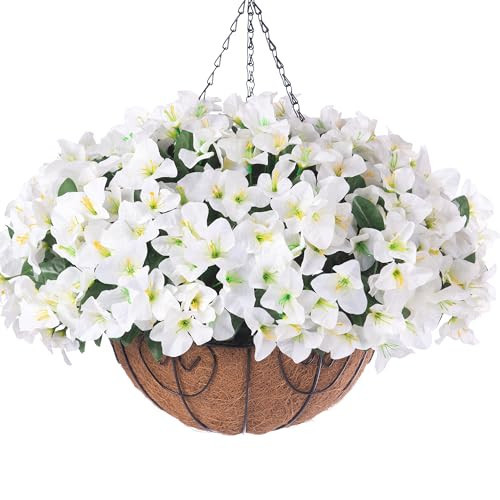 Artificial Hanging Flowers Faux Plants Basket for Outdoors Spring Summer Decor, Fake Silk Bougainvillea in Planter Outdoor Look Real UV Resistant Faux Flower for Outside Porch Patio Garden Home, White | Amazon (US)