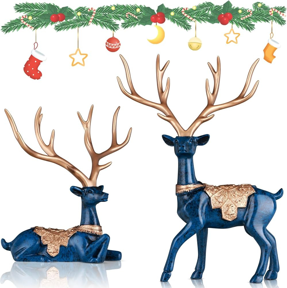 DOVDOV Set of 2 Christmas Deer Figurines, Blue Decorative Christmas Deer, Small Reindeer Christma... | Amazon (US)